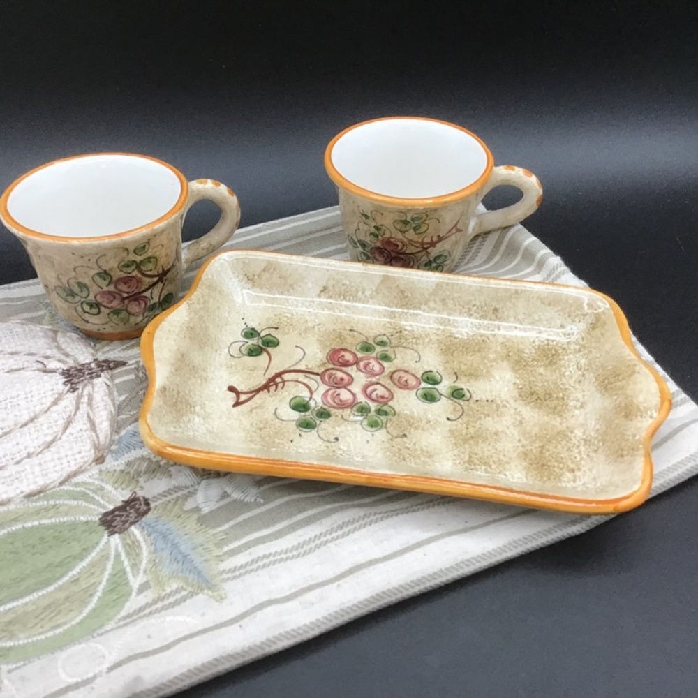 Set of 2 Italian espresso coffee cups and Tray w beautiful Pier One Tea Towel
